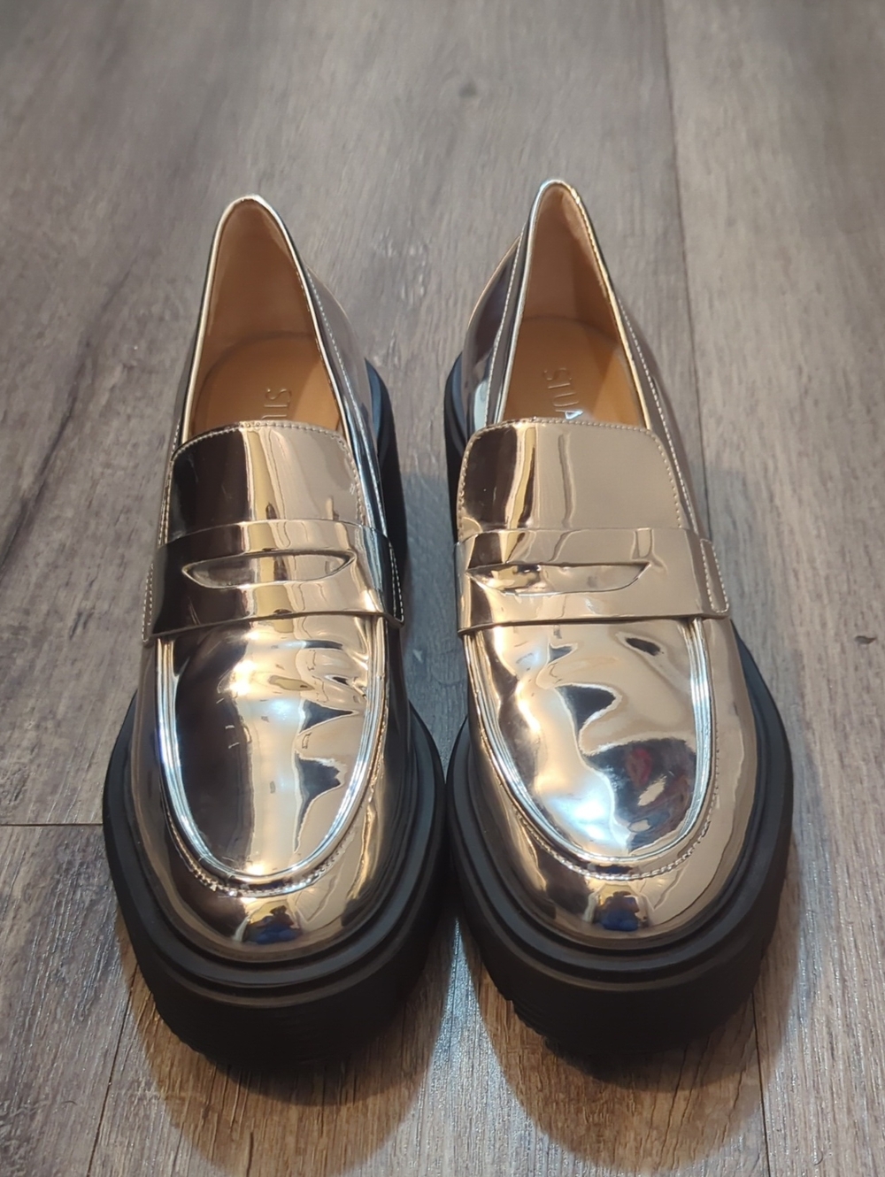 Stuart Weitzman Metallic Silver Patent Chunky Loafers NWOT